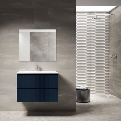 Saniclass Prime Blend Meuble de salle de bain - 80x55x46cm - 1 vasque ovale en céramique blanc - 1 trou de robinet - 2 tiroirs - miroir rectangulaire - mat marine bleu SW917097
