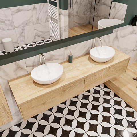 ENSEMBLE DE MEUBLE MONDIAZ LUSH - 180 cm - 2 tiroirs - lavabo BARCO - 2 lavabos - 2 trous de robinet - chêne blanchi SW409579