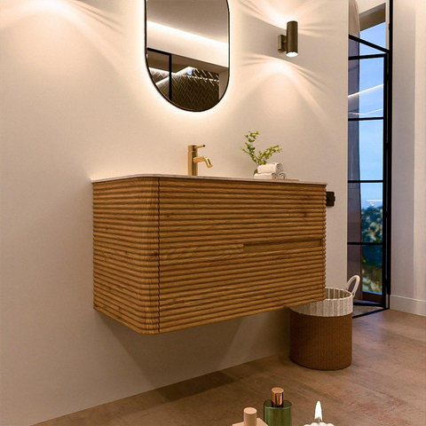 Mondiaz CIRO-DLUX Badkamermeubelset - 90x45x50cm - Solid surface wastafel Meli - 1 wasbak Midden - 1 kraangat - 2 lades - Oak SW1531379