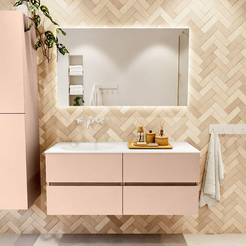 MONDIAZ VICA Ensemble meuble de salle de bains - 120cm - meuble bas rosee - 4 tiroirs - vasque moon gauche - sans trous de robinet - version haute 60cm - talc SW1080430