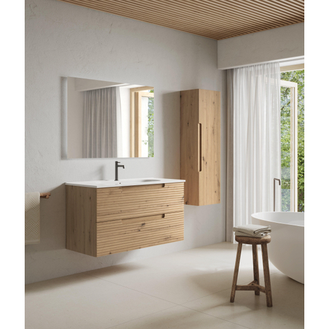 Saniclass Prime Balance Meuble de salle de bain - 100x55x45cm - 1 vasque ovale en céramique blanc - 1 trou de robinet - 2 tiroirs - miroir rectangulaire - chêne rustique SW1159468