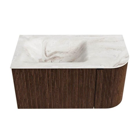 MONDIAZ KURVE-DLUX 85cm badmeubel met module 25 R kleur Walnut met 1 lade en 1 deur. Wastafel CLOUD links zonder kraangat kleur Frappe. SW1137411
