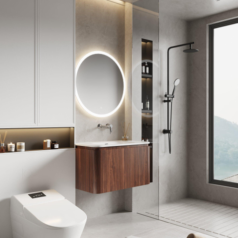 Royal Plaza Terra Ensemble meuble de salle de bains - 80x47x46cm - vasque en solid surface blanc mat - 1 vasque - sans trou de robinet - 2 tiroirs - châtaignier (noyer) SW1447021