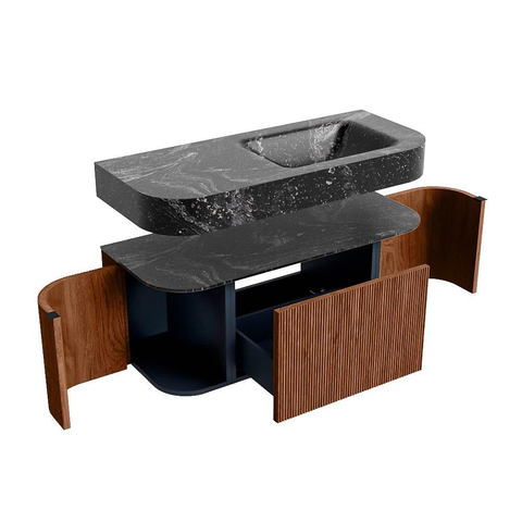 MONDIAZ THOR-DLUX 110cm meuble de salle de bains arrondi gauche + droite couleur Ruby avec 1 tiroir et 2 portes. Vasque suspendue CLOUD droite sans trou de robinet couleur Lava. SW1462855