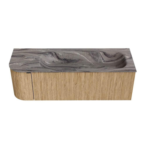 MONDIAZ KURVE-DLUX Meuble de salle de bains 135cm arrondi à gauche couleur Oak avec 1 tiroir et 1 porte. Lavabo BIG MEDIUM à droite 1 trou de robinet Sombra. SW1433584