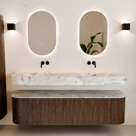 MONDIAZ THOR-DLUX 170cm meuble de salle de bains arrondi gauche + droite couleur Walnut avec 1 tiroir et 2 portes. Vasque suspendue CLOUD Double sans trou de robinet couleur Glace. SW1465589