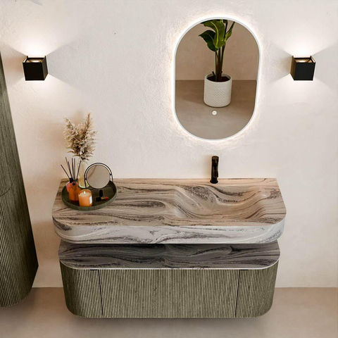 MONDIAZ THOR-DLUX 130cm meuble de salle de bains arrondi gauche + droite couleur Shadow avec 1 tiroir et 2 portes. Vasque suspendue CLOUD Droite 1 trou de robinet couleur Sombra. SW1463909