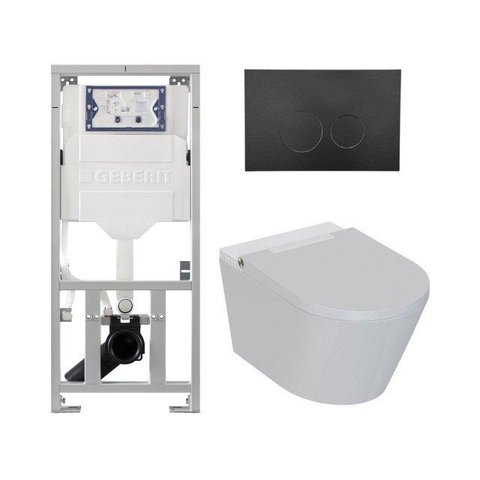 QeramiQ Luma Ensemble WC-douche - réservoir encastré Geberit UP320 - avec châssis Burda - séchoir - douchette féminine - plaque de commande métallique noire mate - boutons ronds - blanc brillant SW1472011