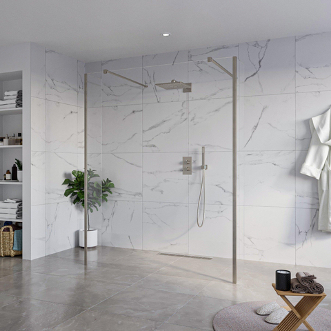 Fortifura Galeria Vrijstaande Inloopdouche - 160x200cm - helder - antikalk - 8mm veiligheidsglas - 2 zijwanden - 40cm - wandsteunen en hoekprofielen - PVD - geborsteld gunmetal (antraciet) SW993106