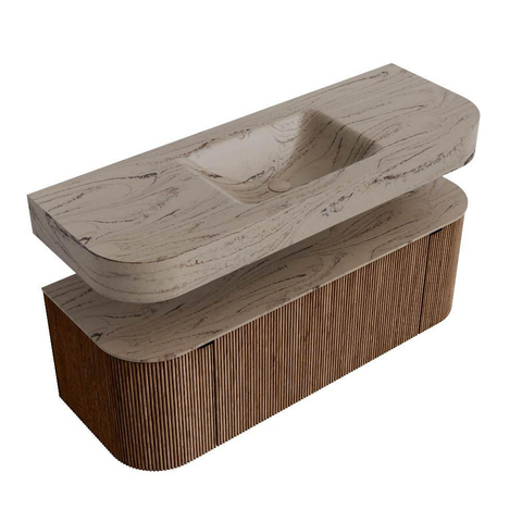 MONDIAZ THOR-DLUX 130cm meuble de salle de bains arrondi gauche + droite couleur Walnut avec 1 tiroir et 2 portes. Vasque suspendue CLOUD Centre sans trou de robinet couleur Arena. SW1463801