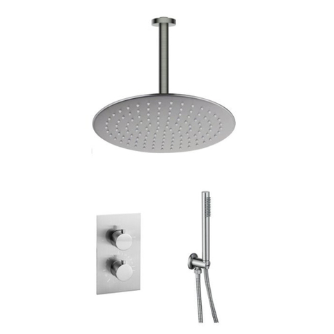 Fortifura Calvi Inbouw Regendoucheset - thermostatisch - plafondarm - 30cm - hoofddouche - staaf handdouche - metalen doucheslang - PVD - geborsteld RVS SW1412058