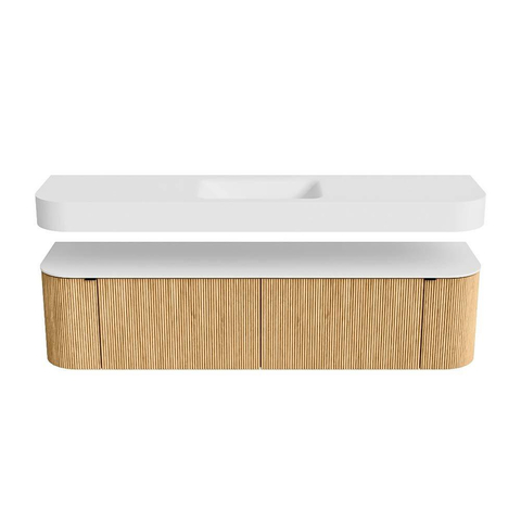 MONDIAZ THOR 180cm meuble de salle de bains arrondi gauche + droite couleur Oak avec 2 tiroirs et 2 portes. Vasque suspendue CLOUD Milieu sans trou de robinet couleur Talc. SW1465902