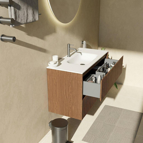 Saniclass Holz Atelier Badkamermeubelset - 100x45x61.5cm - Flow solid surface wastafel wit - 1 wasbak - 1 kraangat - 2 lades - mat walnut pure (hout) SW1478404