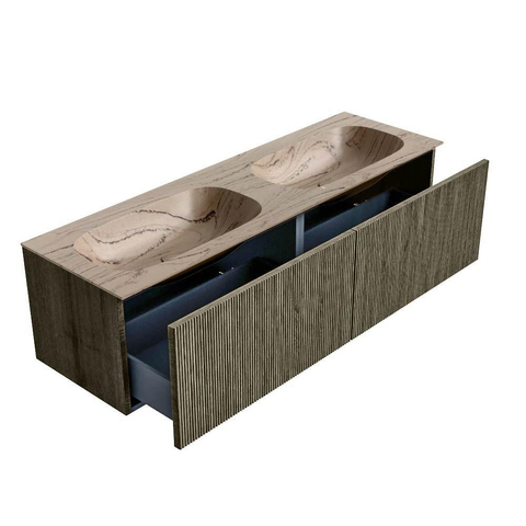 MONDIAZ KURVE-DLUX Meuble de salle de bains 150 cm couleur Shadow avec 2 tiroirs et 0 portes. Plan vasque STOR SMALL Double sans trou de robinet Arena. SW1431327