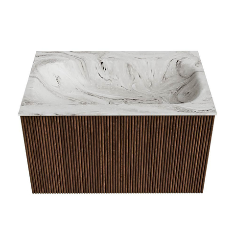 MONDIAZ KURVE-DLUX Meuble de salle de bains 70cm couleur Walnut avec 1 tiroir. Lavabo BIG SMALL central sans trou de robinet couleur Glace. SW1138011