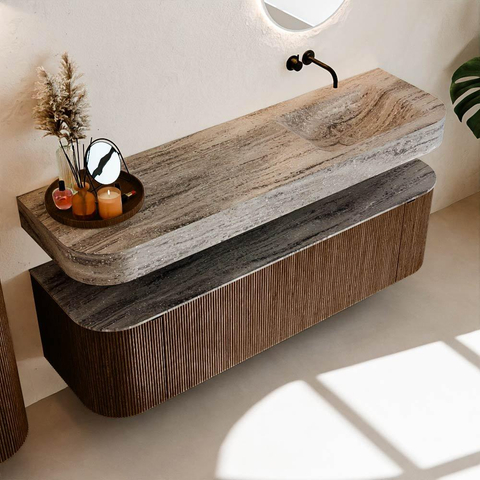 MONDIAZ THOR-DLUX 160cm meuble de salle de bains arrondi gauche + droite couleur Walnut avec 1 tiroir et 2 portes. Vasque suspendue CLOUD droite sans trou de robinet couleur Oza. SW1465291