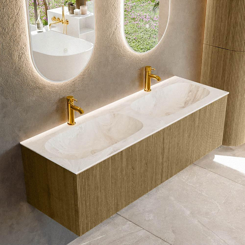 Mondiaz KURVE-DLUX Ensemble meuble de salle de bains - 140x46x40cm - 2 tiroirs - lavabo solid surface - double - 2 trous de robinet - Dusk SW1415028