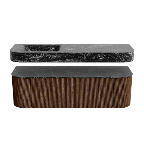 MONDIAZ THOR-DLUX 150cm badmeubel ronding links + rechts kleur Walnut met 1 lade en 2 deuren. Vrijhangende wastafel CLOUD Links zonder kraangat kleur Lava. SW1464661