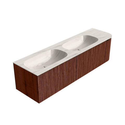 MONDIAZ KURVE-DLUX 165cm meuble de salle de bains avec arrondi à droite couleur Ruby avec 2 tiroirs et 1 porte. Lavabo STOR SMALL Double / Gauche 2 trous de robinet Meli. SW1432017