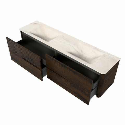 Mondiaz CIRO-DLUX Badkamermeubelset - 180x45x50cm - Solid surface wastafel Ostra - 2 wasbak Dubbel - 2 kraangaten - 4 lades - Walnut SW1530386