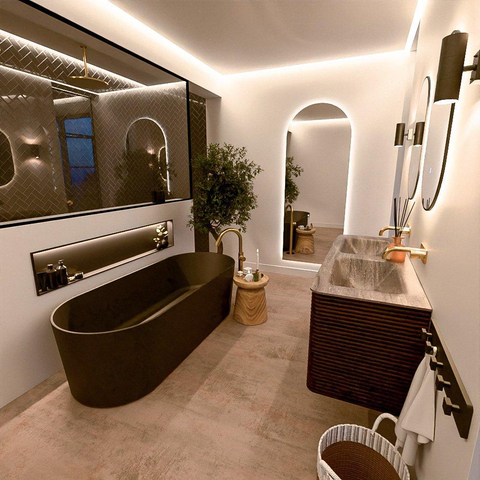 Mondiaz CIRO-DLUX Ensemble de meubles de salle de bains - 130x45x50cm - Plan vasque Solid surface Oza - 2 vasques Double - sans trous de robinetterie - 4 tiroirs - Noyer SW1530624