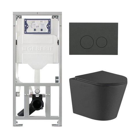 QeramiQ Dely Toiletset - 36.3x51.7cm - diepspoel - rimless - Geberit UP320 inbouwreservoir - met Burda frame - softclose toiletzitting - bedieningsplaat mat antraciet - ronde knoppen - mat zwart SW1164769