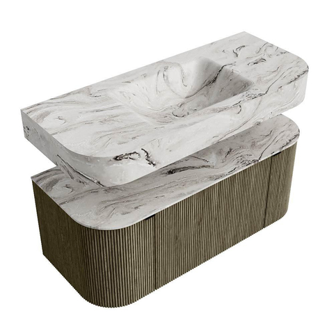 MONDIAZ THOR-DLUX 110cm meuble de salle de bains arrondi gauche + droite couleur Shadow avec 1 tiroir et 2 portes. Vasque suspendue CLOUD Milieu sans trou de robinet couleur Glace. SW1462857