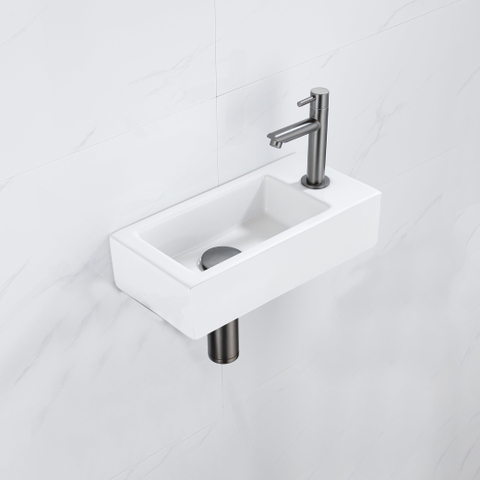 FugaFlow Efficiente Pietra Ensemble de fontaine - 37,5x18,5x9cm - céramique - trou de robinet à droite - robinet de fontaine gunmetal - bouchon de vidange - siphon abaissé - blanc mat SW1442201