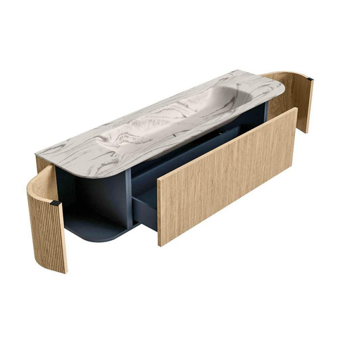 MONDIAZ KURVE-DLUX 170cm badmeubel ronding Links + Rechts kleur Oak met 1 lade en 2 deuren. Wastafel BIG LARGE Midden 1 kraangat Nata. SW1432141