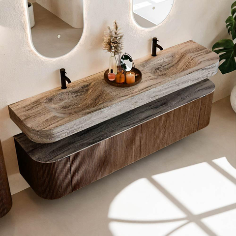 MONDIAZ THOR-DLUX 190cm meuble de salle de bains arrondi gauche + droite couleur Walnut avec 2 tiroirs et 2 portes. Vasque suspendue CLOUD Double 2 trous de robinet couleur Oza. SW1466821