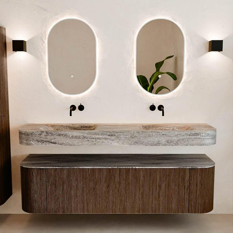 MONDIAZ THOR-DLUX 170cm badmeubel ronding links + rechts kleur Walnut met 1 lade en 2 deuren. Vrijhangende wastafel CLOUD Dubbel zonder kraangat kleur Oza. SW1465671