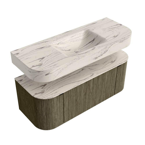 MONDIAZ THOR-DLUX 120cm meuble de salle de bains arrondi gauche + droite couleur Shadow avec 1 tiroir et 2 portes. Vasque suspendue CLOUD Milieu sans trou de robinet couleur Nata. SW1463414