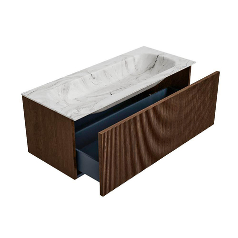 MONDIAZ KURVE-DLUX Meuble de salle de bains 110 cm couleur Walnut avec 1 tiroir. Lavabo BIG MEDIUM centré sans trou de robinet couleur Glace. SW1138064