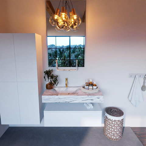 Mondiaz ALAN-DLUX Ensemble de meuble - 100cm - meuble Talc mat - 1 tiroir - Lavabo Cloud Glace suspendu - vasque Gauche - 1 trou de robinet SW805007