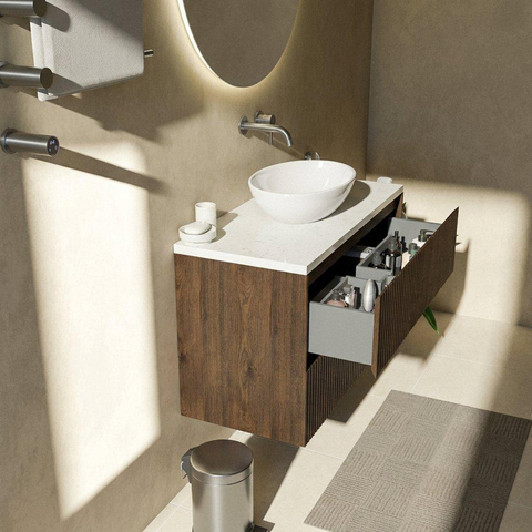 Saniclass Holz Atelier Ensemble de meubles de salle de bains - 100x45x63cm - Plan vasque en marbre Dia poli (blanc) - sans trou de robinet - 2 tiroirs - chêne charcoal mat (bois) SW1478338