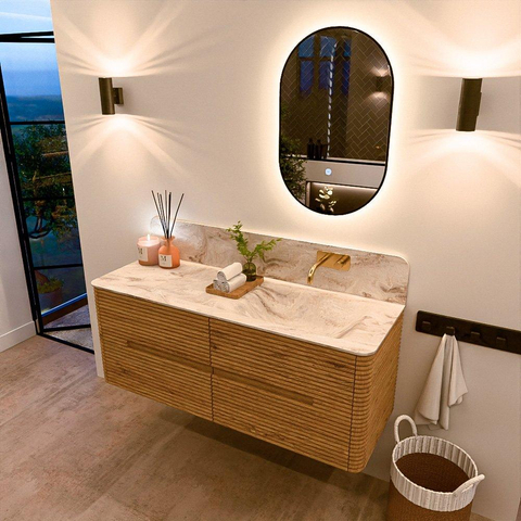 Mondiaz CIRO-DLUX Ensemble de meubles de salle de bains - 130x45x50cm - Plan vasque solid surface Frappe - 1 vasque à droite - sans trous de robinetterie - 4 tiroirs - Chêne SW1530873