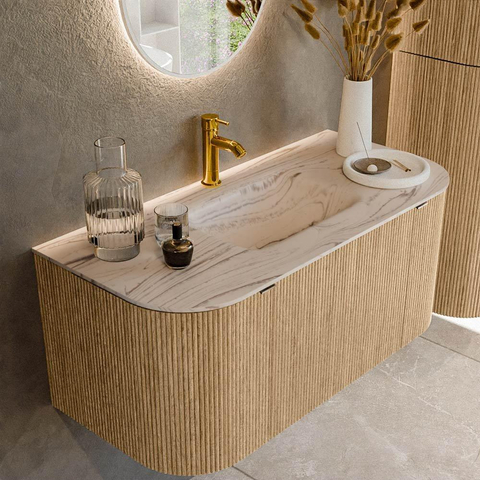 MONDIAZ KURVE-DLUX 100cm meuble de salle de bains arrondi Gauche + Droite couleur Chêne avec 1 tiroir et 2 portes. Lavabo GRUNNE Central 1 trou de robinet Nata. SW1432063