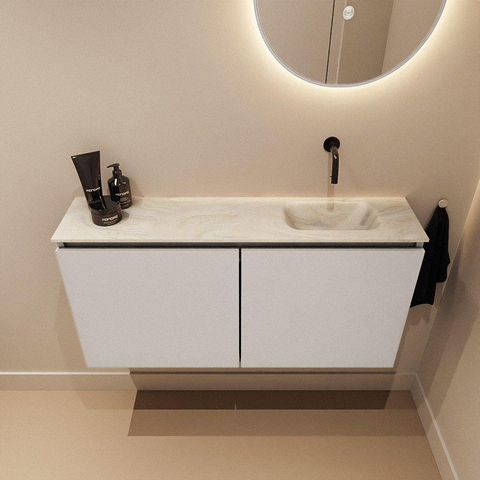 MONDIAZ TURE-DLUX meuble WC 100 cm Linen. EDEN vasque Ostra position à droite. Sans trou de robinet. SW1104958