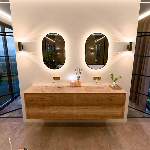 Mondiaz CIRO-DLUX Ensemble de meubles de salle de bains - 180x45x50cm - plan-vasque solid surface Arena - 2 bacs Double - sans trous de robinet - 4 tiroirs - Chêne SW1531463