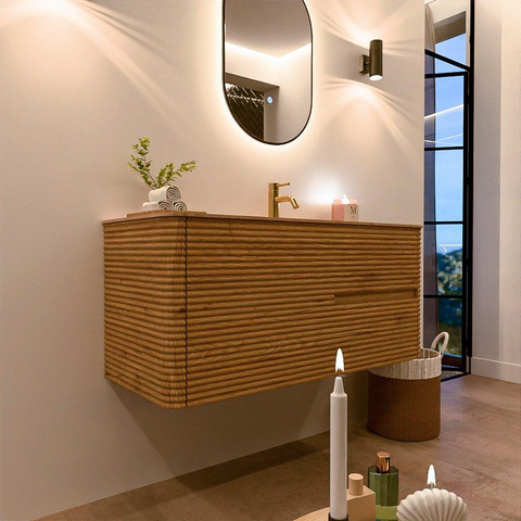 Mondiaz CIRO-DLUX Meuble de salle de bains - 110x45x50cm - Plan vasque solid surface Saba - 1 vasque à droite - 1 trou de robinet - 2 tiroirs - Chêne SW1531178