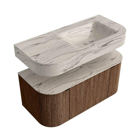 MONDIAZ THOR-DLUX 100cm meuble de salle de bains arrondi gauche + droite couleur Walnut avec 1 tiroir et 2 portes. Vasque suspendue CLOUD droite 1 trou de robinet couleur Nata. SW1467507