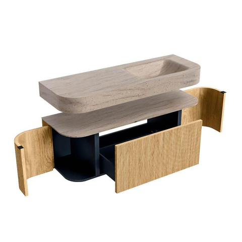 MONDIAZ THOR-DLUX 130cm meuble de salle de bains arrondi gauche + droite couleur Chêne avec 1 tiroir et 2 portes. Vasque suspendue CLOUD Droite sans trou de robinet couleur Saba. SW1464023