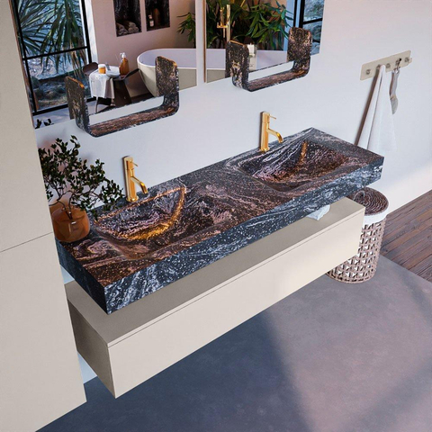 Mondiaz ALAN-DLUX Ensemble de meuble - 150cm - meuble Linen mat - 1 tiroir - Lavabo Cloud Lava suspendu - vasque Gauche et droite - 2 trous de robinet SW808114