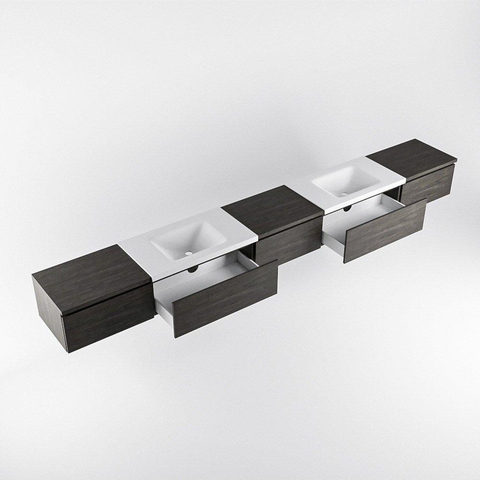 MONDIAZ BUKLA 340cm meuble de salle de bains avec module 60 couleur Dark Brown avec 5 tiroirs. Lavabo CLOUD double 2 trous de robinet couleur Talc. SW1382364