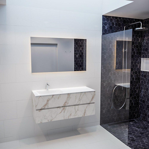 MONDIAZ VICA Ensemble de meuble salle de bain - 120cm - 2 tiroirs - lavabo Cloud gauche - 1 trou de robinet - solid surface marbre carrara SW410245