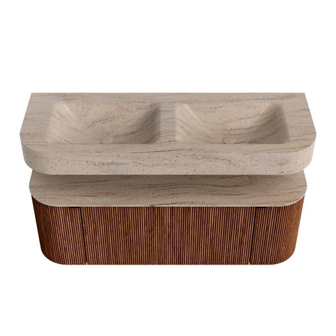 MONDIAZ THOR-DLUX Meuble de salle de bains 130cm arrondi gauche + droite couleur Ruby avec 1 tiroir et 2 portes. Vasque suspendue CLOUD Double 2 trous de robinet couleur Saba. SW1464050