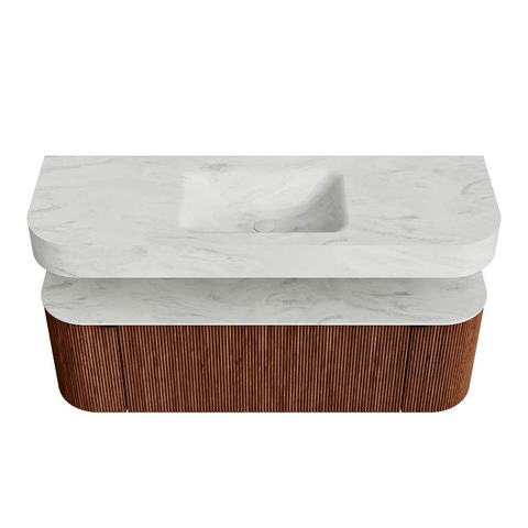 MONDIAZ THOR-DLUX 140cm meuble de salle de bains arrondi gauche + droite couleur Ruby avec 1 tiroir et 2 portes. Vasque suspendue CLOUD Milieu 1 trou de robinet couleur Opalo. SW1464121