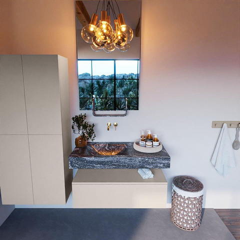 Mondiaz ALAN-DLUX Ensemble de meuble - 100cm - meuble Linen mat - 1 tiroir - Lavabo Cloud Lava suspendu - vasque Gauche - 0 trous de robinet SW808095