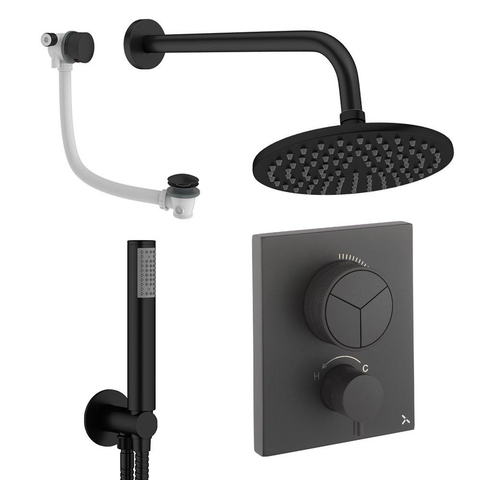 Crosswater MPRO ensemble de douche pluie encastré – douche de tête Ø 20 cm – douchette bâton – 2 leviers – vidage de baignoire – noir mat SW1472736