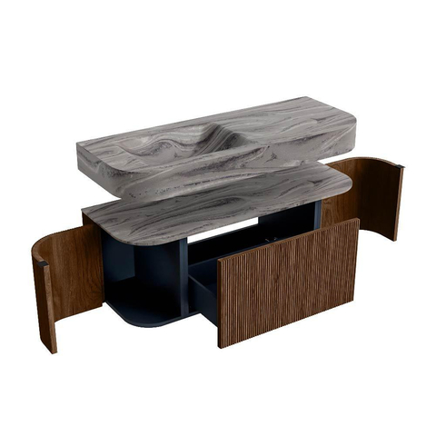 MONDIAZ THOR-DLUX 120cm meuble de salle de bains arrondi gauche + droite couleur Walnut avec 1 tiroir et 2 portes. Vasque suspendue CLOUD Gauche sans trou de robinet couleur Sombra. SW1463674